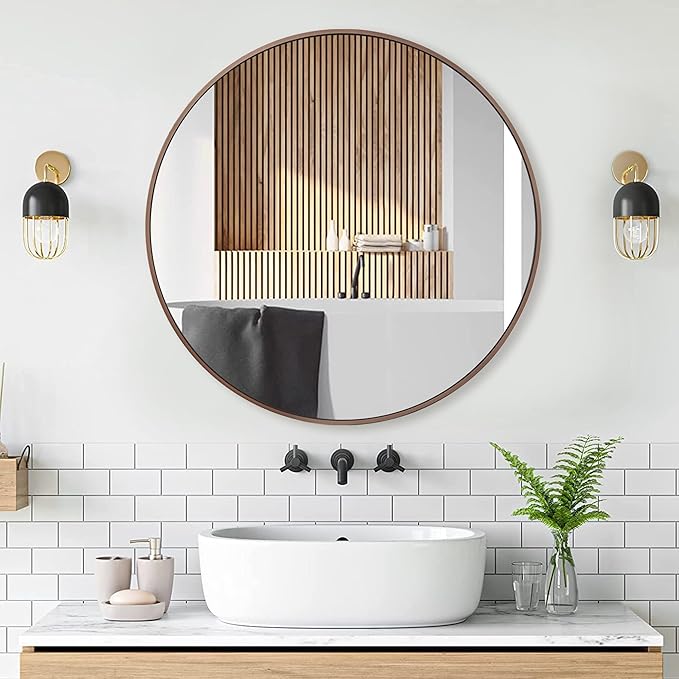 30 inch Circle Wall Mirror, Brushed Bronze Metal Framed Round Mirror - Image 7