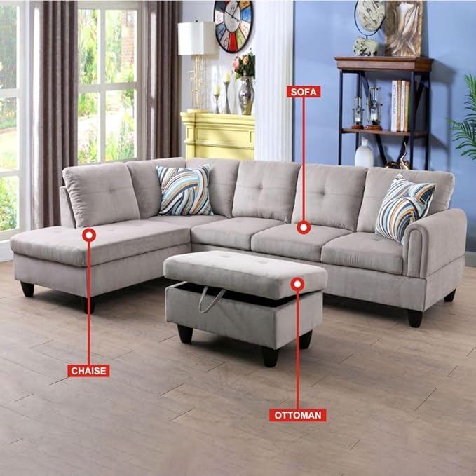 Grey White L-Shaped 3-Piece Corduroy Sofa - Image 3