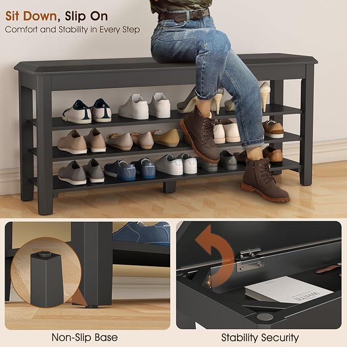 Shoe Rack Bench Seat Rubberwood 3-Tier Wooden Storage Bench 550lbs Compact - Image 7