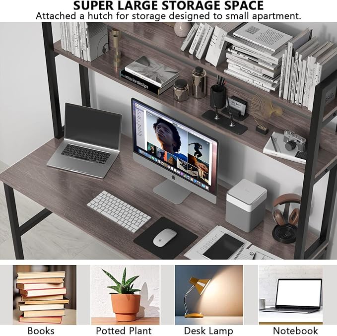 Aquzee Desk with Hutch Bookshelves, Computer Desk with 3 Tiers Storage Shelves - Image 7