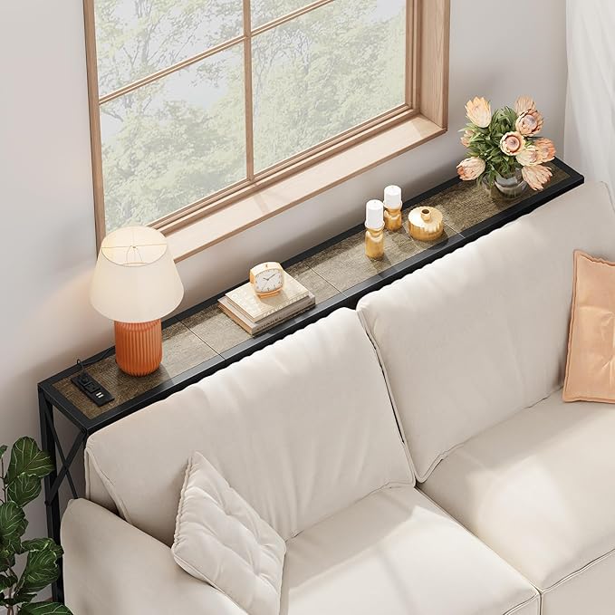 Sofa Table with Oulets and USB Ports, 55.1" Couch Table Behind Sofa, Industrial - Image 4