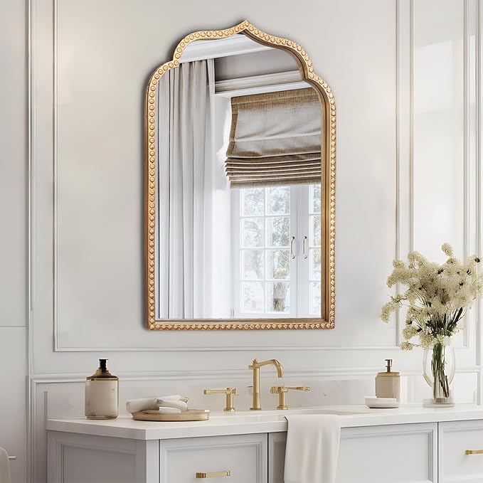 Gold Arch Mirror, Metal Beaded Frame Ornate Decorative Mirror, Scalloped - Image 3