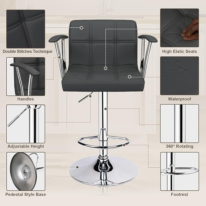 Bar Stools Set of 2, Armrest Adjustable Swivel Barstools - Image 6
