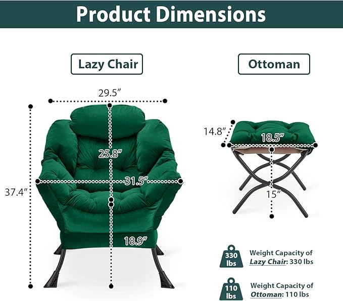 Lazy Chair with Folding Ottoman, Accent Chair Velvet Upholstered with Metal - Image 3