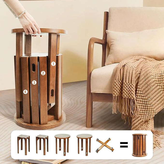 CozyDH 4-in-1 Nesting Side Tables, Stackable Stools Set of 4, Wooden Round End - Image 5