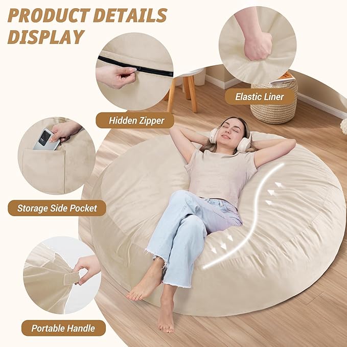7FT Bean Bag Chair with Ultra Soft Velvet Cover Bean Bag Sofa with Memory Foam - Image 4