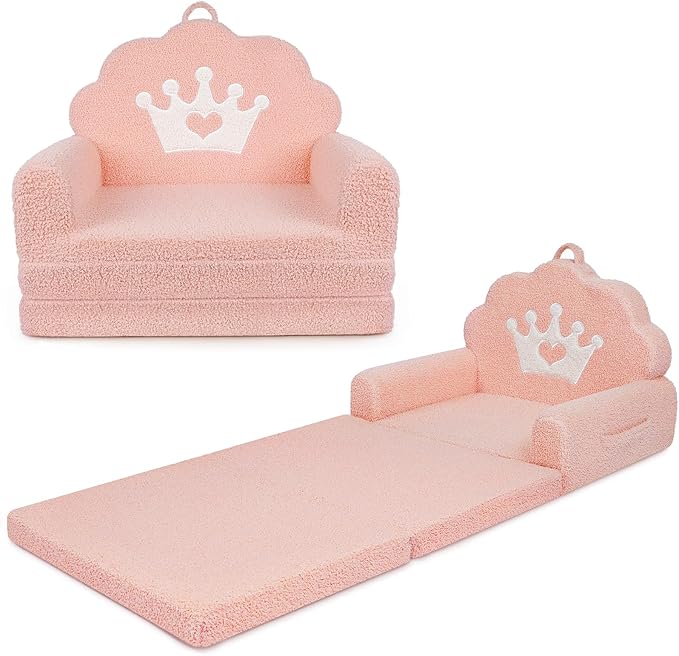 2-in-1 Kids Couch Fold Out, Soft Teddy Sherpa Toddler Couch by PIIKAGO