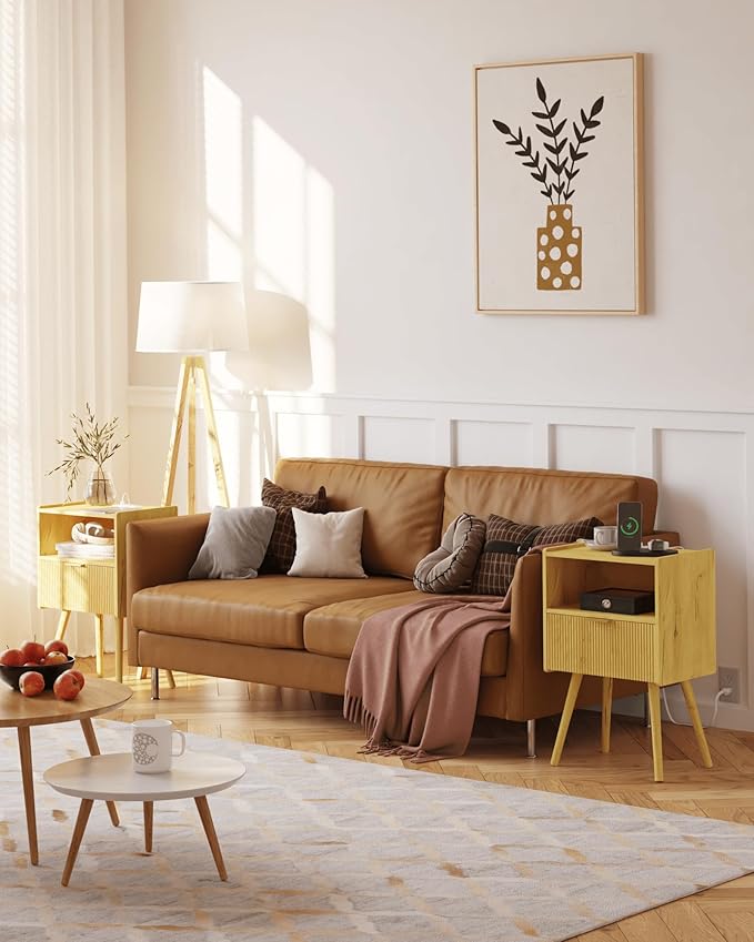 Nightstand with Outlet, Modern Bedside Table with Storage Drawer and Open Wood - Image 3