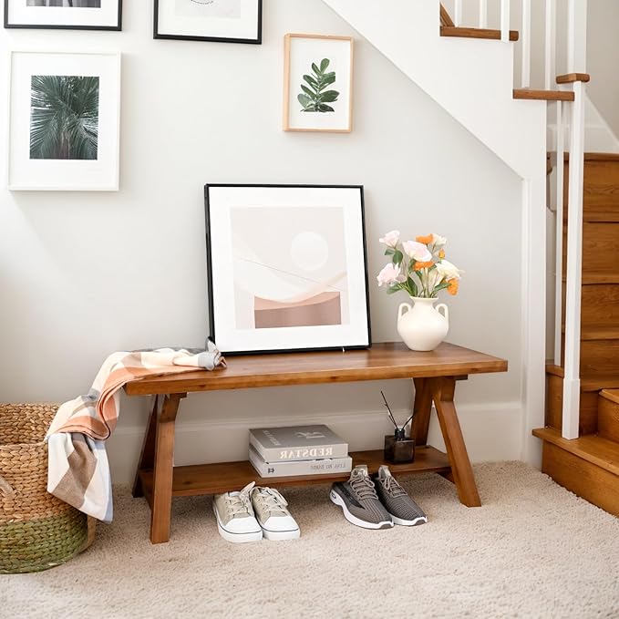 43 Inch Farmhouse Storage Bench, Rustic Solid Wood Entryway Bench - Image 5