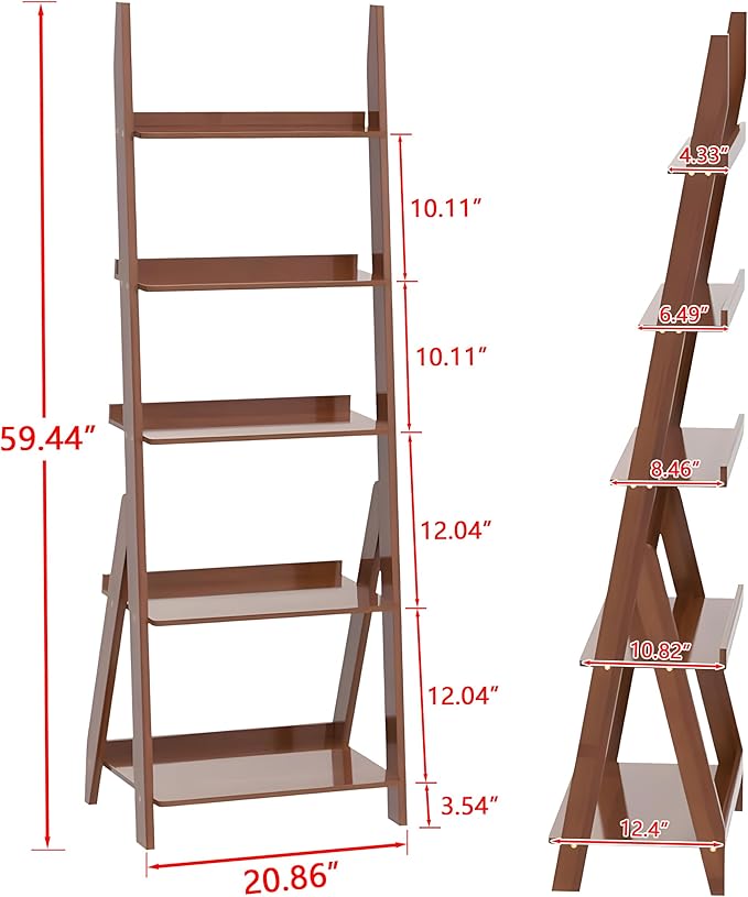 DOUSY-5-Tier Ladder Shelf Bookcase, Bamboo Ladder Bookshelf Leaning Book Shelf - Image 2