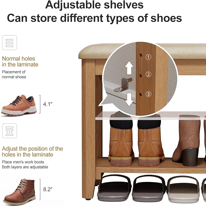 Wood Shoe Rack Bench for Entryway, Shoe Rack for Front Door Entrance - Image 5