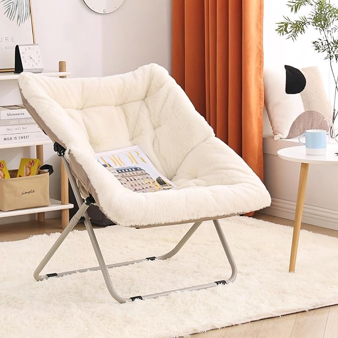 Saucer Chair, Comfy Bedroom Chairs, Oversized Folding Faux Fur Chair, Foldable - Image 2