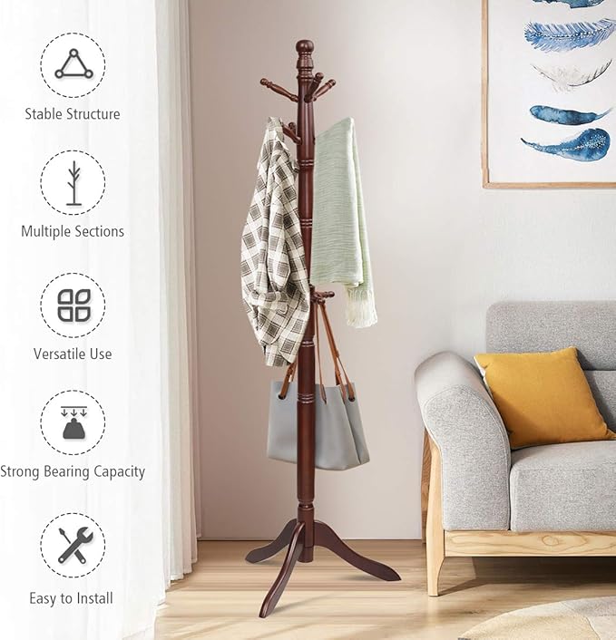 Tangkula Wood Coat Rack Freestanding, Entryway Height Adjustable Coat Stand - Image 3