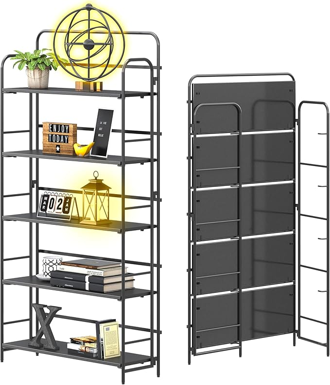 4NM No Assembly Folding Bookshelf 5 Tiers Vintage Industrial Black Book Shelf by 4NM