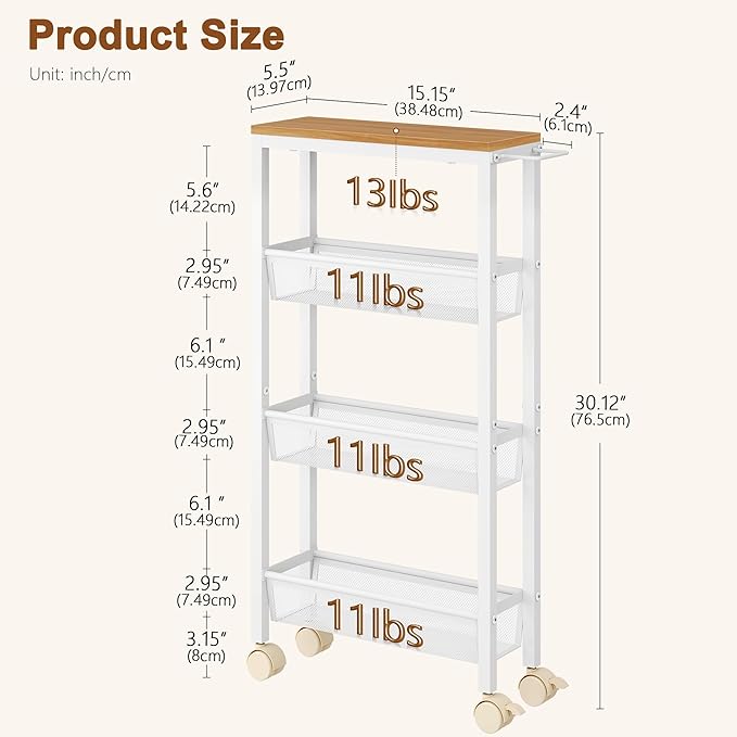 Hoctieon Slim Rolling Storage Cart, 4-Tier Narrow Kitchen Storage Cart - Image 7