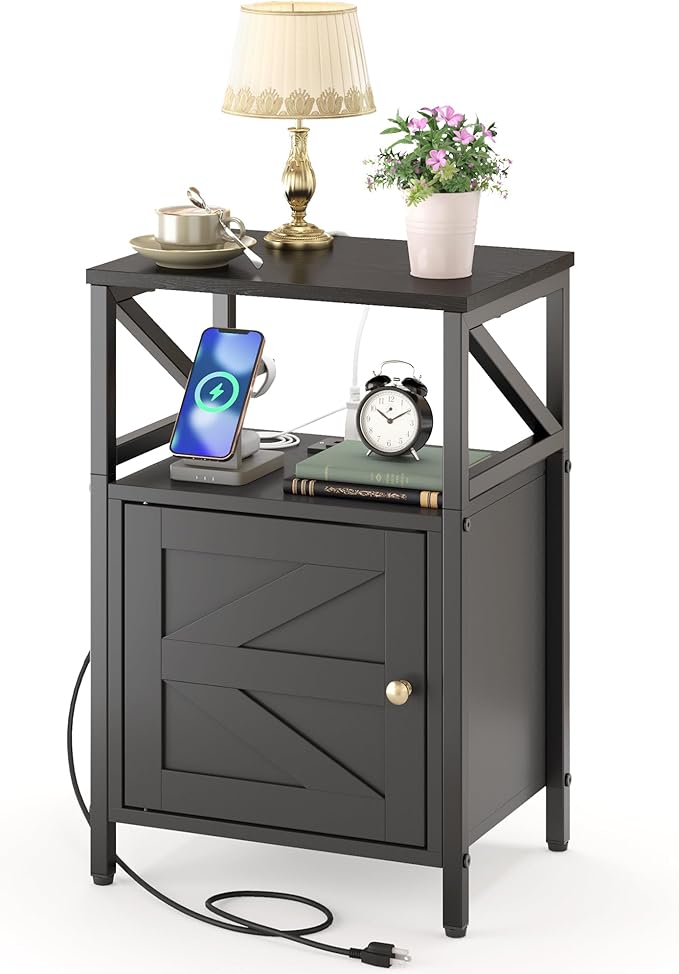 Farmhouse Side Table with Charging Station -3-Tier USB Ports & Outlets End Table - Image 7