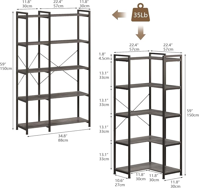 Tohomeor Bookshelf 5 Tier Deformable Corner Bookcase Free Standing Modern - Image 3