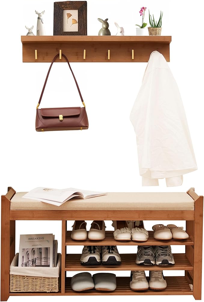 Hall Tree with Bench and Shoe Storage, Coat Rack Shoe Bench Set with Seat by PETKABOO