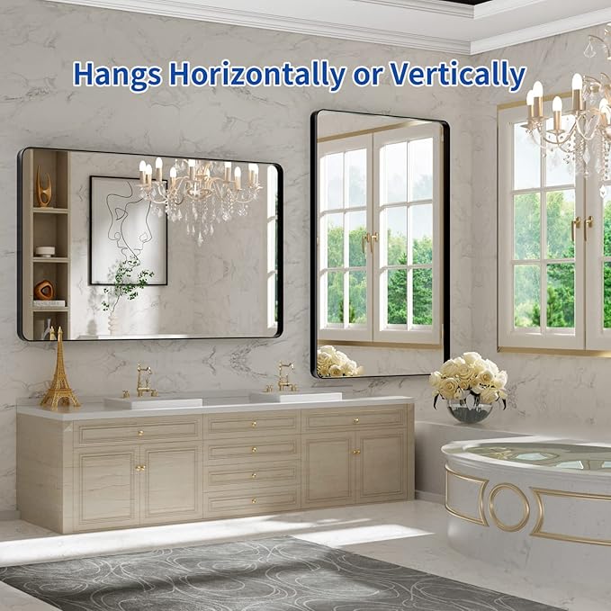 WEER 48X30 Inch Black Metal Framed Bathroom Mirror, Matte Black Bathroom Vanity - Image 5