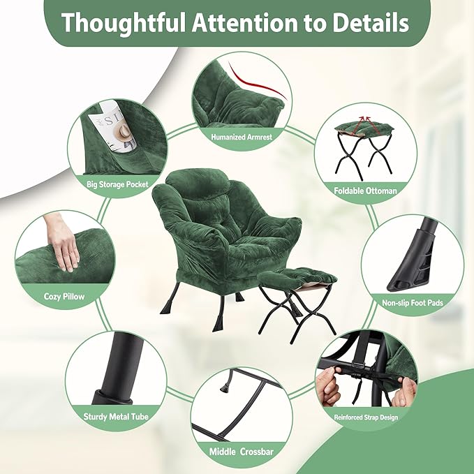 Lazy Chair with Folding Ottoman, Accent Chair Plush Upholstered with Metal - Image 6