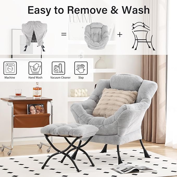 Lazy Chair with Ottoman, Modern Large Accent Lounge Chair with a Pillow - Image 4