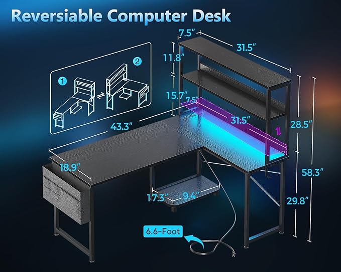 Casaottima Gaming Desk with Power Outlets & LED Lights, 43 Inch Reversible L - Image 3