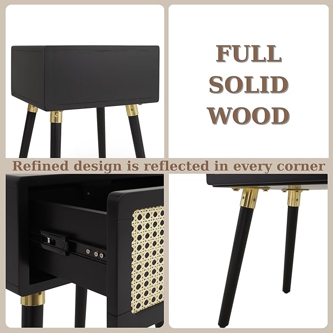 Bme Nipe Black Solid Wood Rattan Nightstand Fully Assembled, Woven Cane End - Image 5