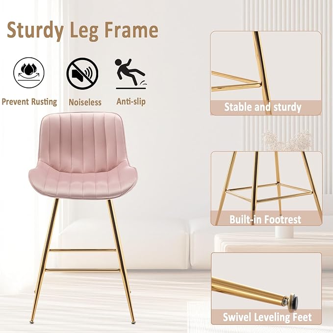 Sidanli Pink Bar Stools Set of 2, Velvet Counter Stools - Image 5