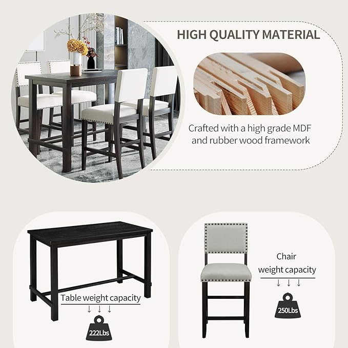 5 Pieces Dining Table Set, Wooden Living Room Furniture - Image 7