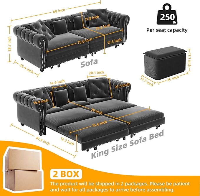 KEIKI 89" W 3-in-1 Pull-Out Convertible Chesterfield Sofa Bed, King Size Velvet - Image 2