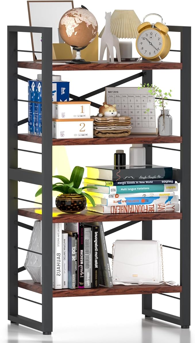 4 Shelf Bookshelf, Metal＆Wood Short Book Shelf, Small Bookcase by Unknown