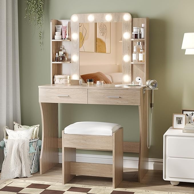 Vabches Vanity Desk with Mirror and Lights, Makeup Vanity Table with Charging by Vabches