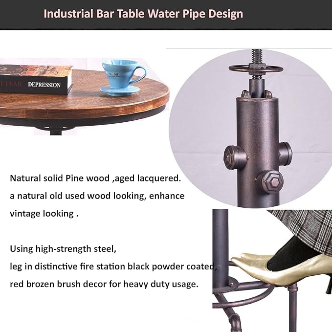 Topower Industrial Bar Table 31.5-41.3" Adjustable Pub Table Kitchen Dining - Image 4