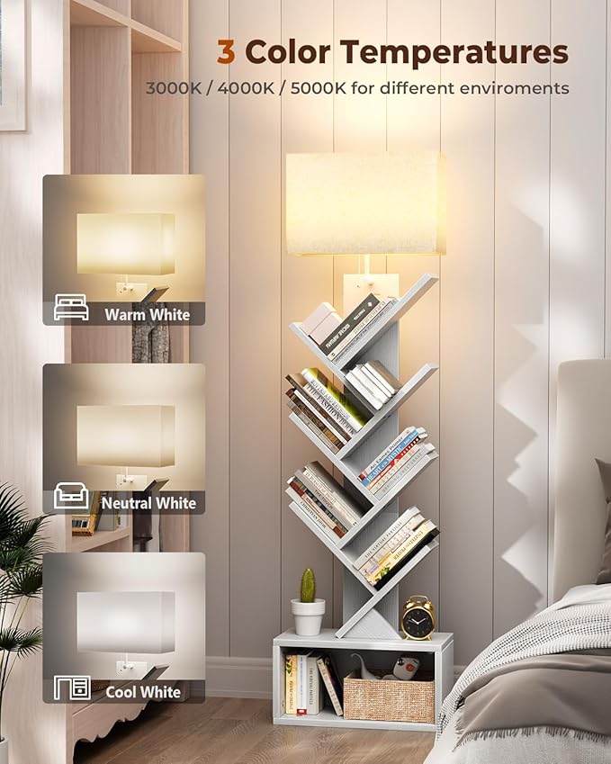 6 Tier Tree Bookshelf with Light, Narrow Bookcase Tower, Tall Floor Standing - Image 4