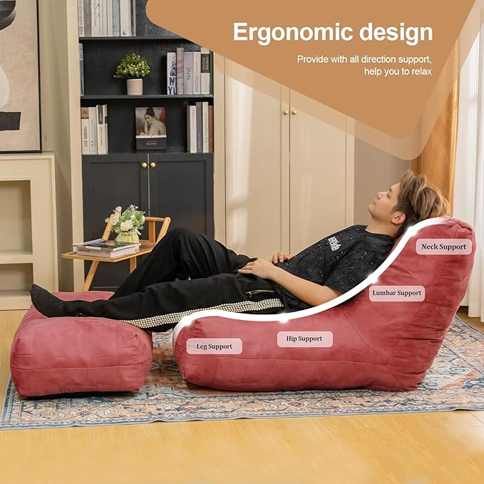 Bean Bag Chair with Ottoman, Comfy Bean Bag Sofa with Memory Foam, Lazy BeanBag - Image 5