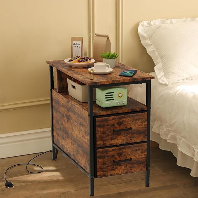 End Table with Charging Station, Narrow Side Table with 2 Fabric Drawer & by Unknown