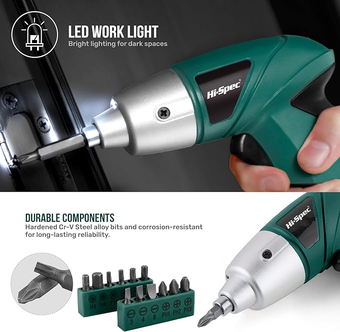 Hi-Spec 19pc 3.6V Green USB Small Power Screwdriver & Home DIY Tool Kit Set. - Image 4