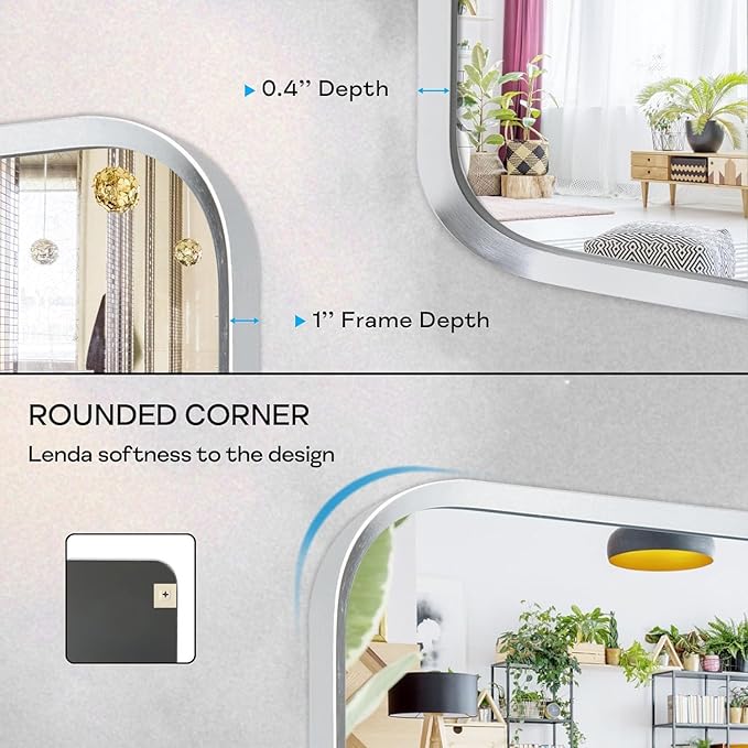 Wall Mount Mirror for Bathroom, Brushed Silver Metal Framed Rounded Corner - Image 7