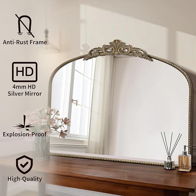 Micasso Gold Antique Wall Mirror: 29"x 36" Large Arched Mirror - Image 2