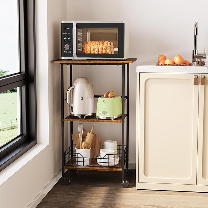 Microwave Cart with Storage, 3-Tier Rolling Kitchen Stand with Wire Basket - Image 4
