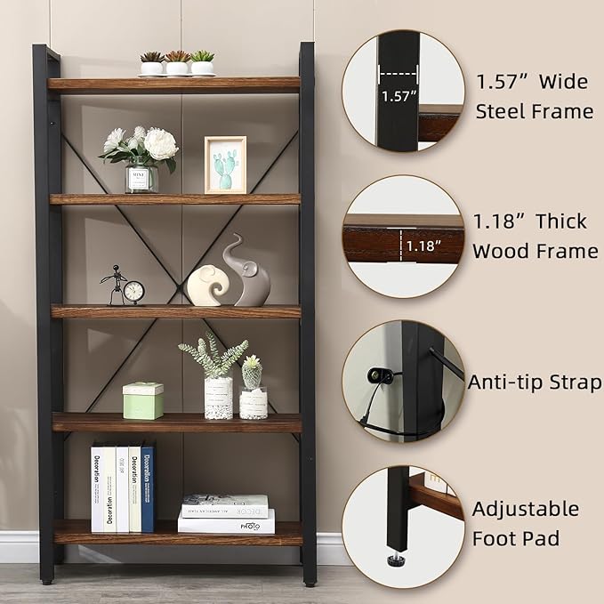 5 Tier Bookcase, Solid Wood Bookshelf Rustic Vintage Industrial Etagere Bookcase - Image 4