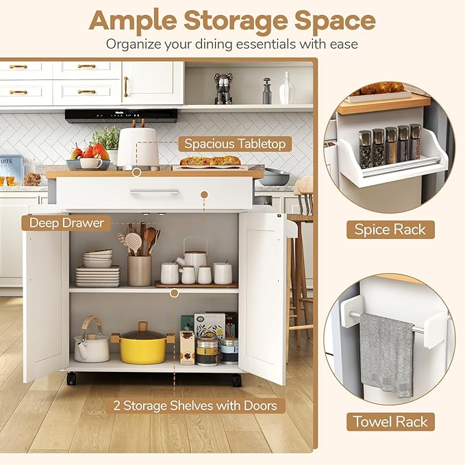 COSTWAY Kitchen Island On Wheels, Rolling Storage Trolley Cart - Image 3