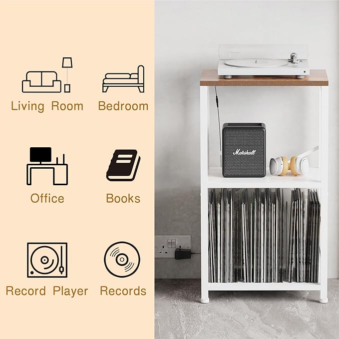End Table with LED Light, Record Player Stand with Albums Storage, Vinyl - Image 6