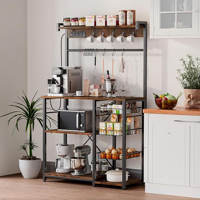 Large Bakers Rack with Power Outlets 38.8 Inches, 15 Hooks Coffee Bar with 3 - Image 7