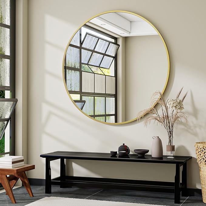 Black Round Bathroom Mirror, 42 inch Large Circle Wall Mounted Hanging Mirror by VooBang