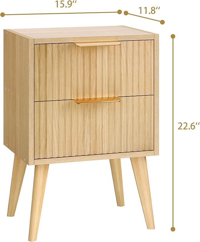 Fluted Nightstand with 2 Drawers, Modern Bedside Table with Metal Handles - Image 3