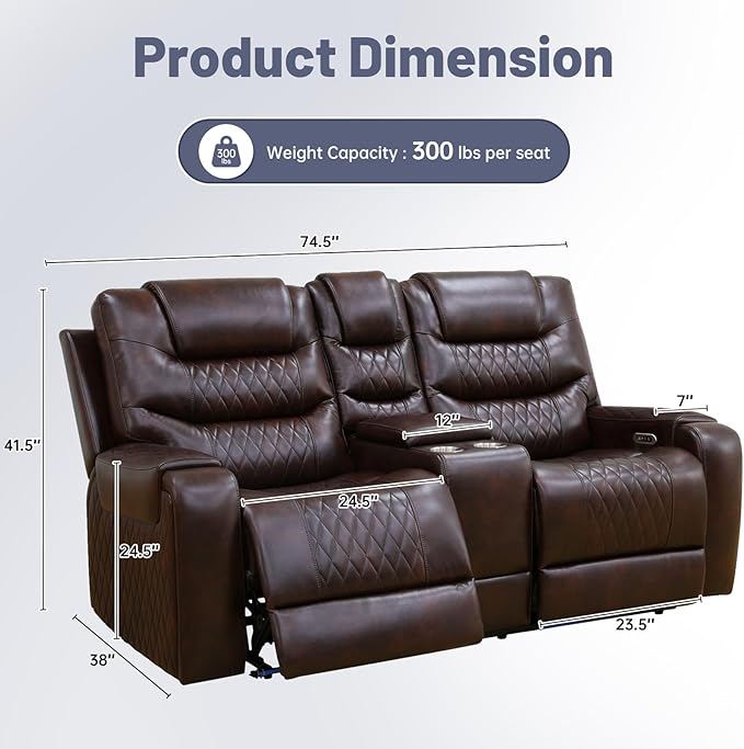 PU Leather Power Wall Hugger Chair Double Reclining Sectional Sofa 2-Seater - Image 2
