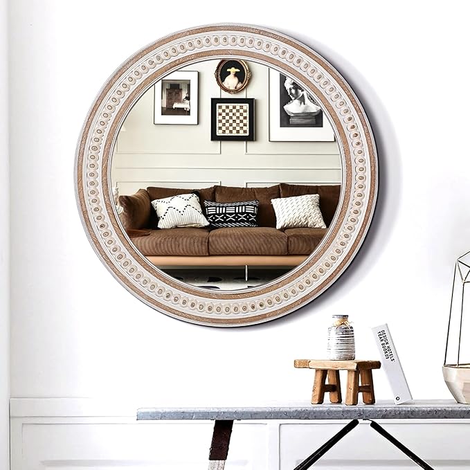 32'' Boho Wooden Large Round Wall Mirrors, Rustic Farmhouse Circle Mirrors - Image 3