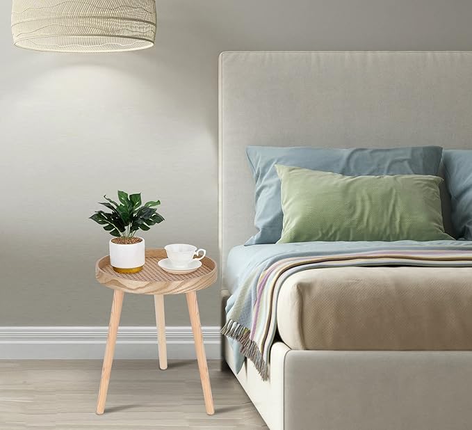 Small Side Table, Rattan Nightstand, Round End Boho Bedside Accent Mid-Century - Image 4