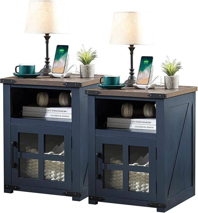 Farmhouse Nightstand with Charging Station, Rustic End Table with Tempered by Barnyatoh